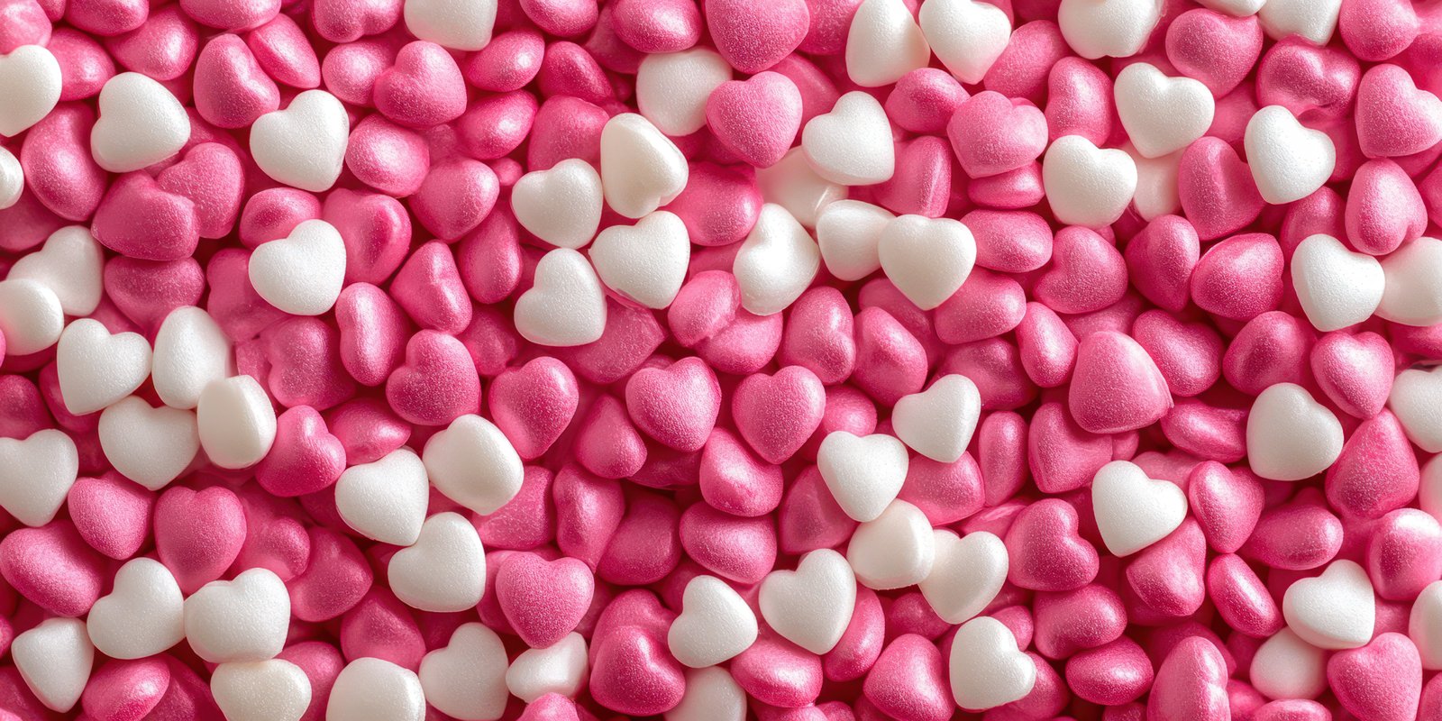 Colorful heart-shaped candies scattered across a surface in shades of pink and white during a festive celebration